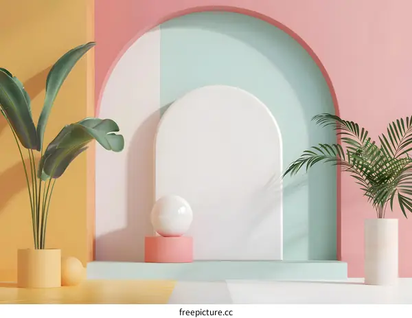 Abstract Minimalist Tropical Background with White Ball and Plants