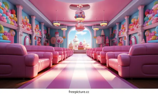 Whimsical Candy Land Playroom with Pink Leather Couches