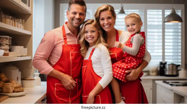 Happy family of four in the kitchen wearing aprons and smiling