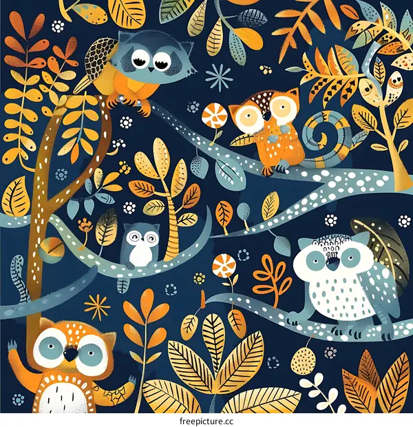 Colorful Owl Illustration with Autumn Forest Background