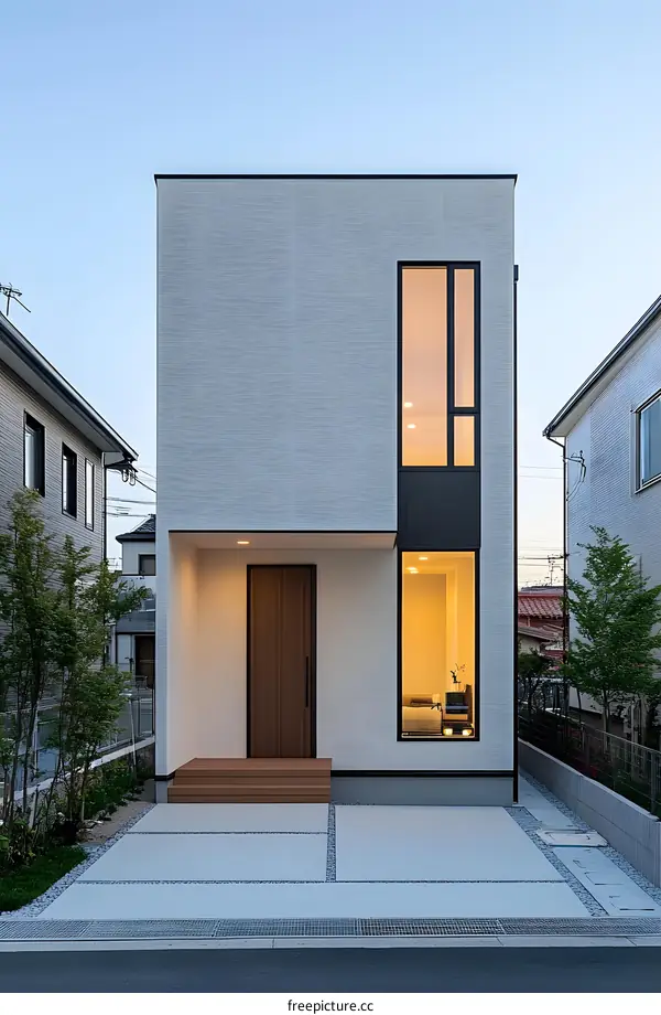 Modern House Exterior With Large Window And Wooden Door