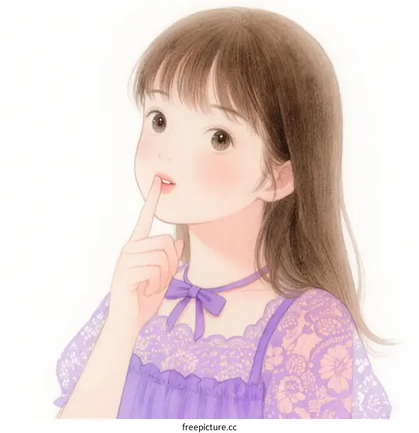 A Little Girl with Brown Hair and Purple Dress Making Shushing Gesture