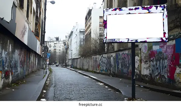 Blank Billboard on a Street with Graffiti Walls