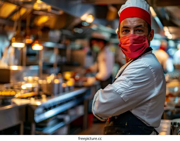 Chef wearing a mask in a commercial kitchen