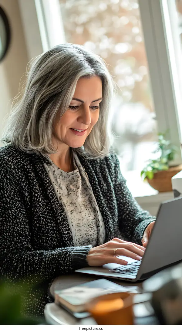 Woman Working On Laptop In Her Home Office