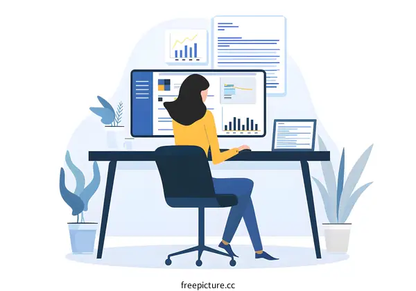 Woman Working on Computer with Graphs and Charts