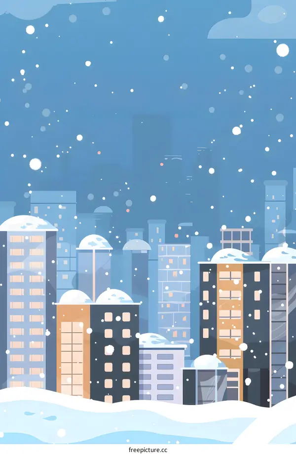 Snowy Cityscape Illustration with Buildings