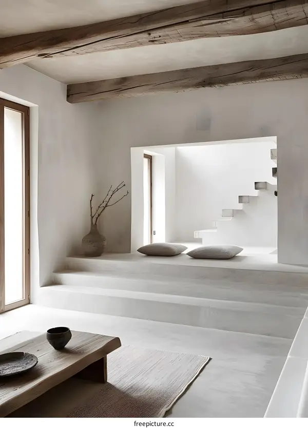 Minimalist Interior Design With Wooden Beams and Staircase
