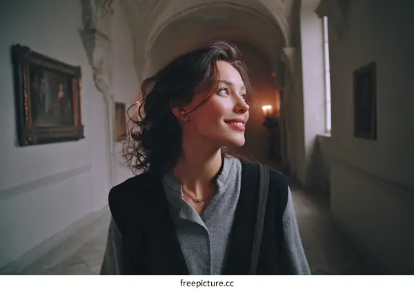 Woman Admiring Art in a Grand Gallery