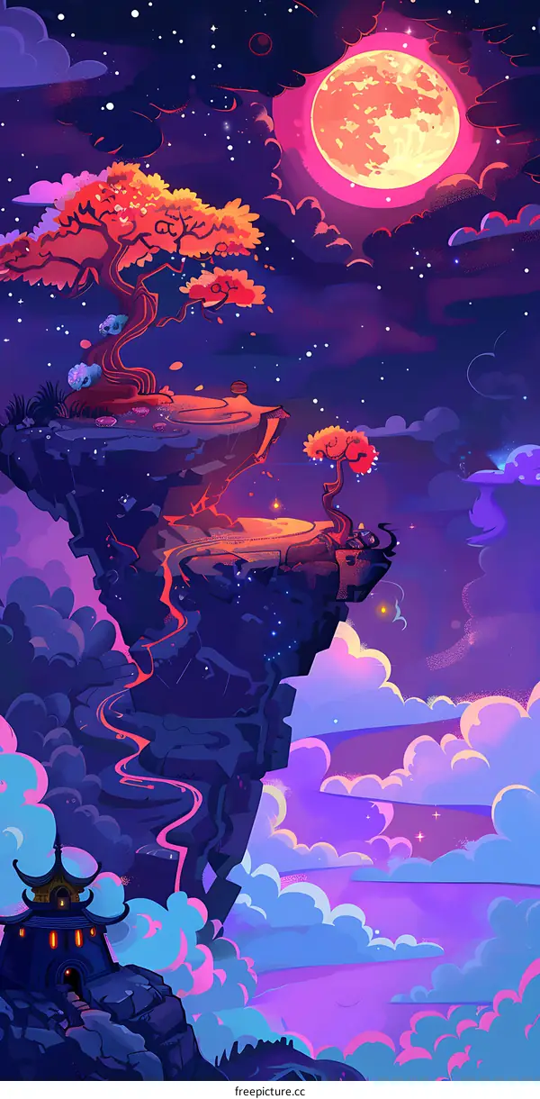 Fantasy Landscape with Red Moon and Clouds