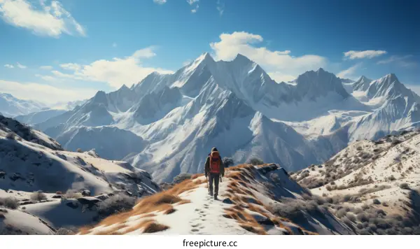 A lone hiker traverses a snowy mountain landscape