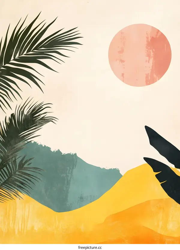 Abstract Tropical Landscape with Palm Leaves and Sun