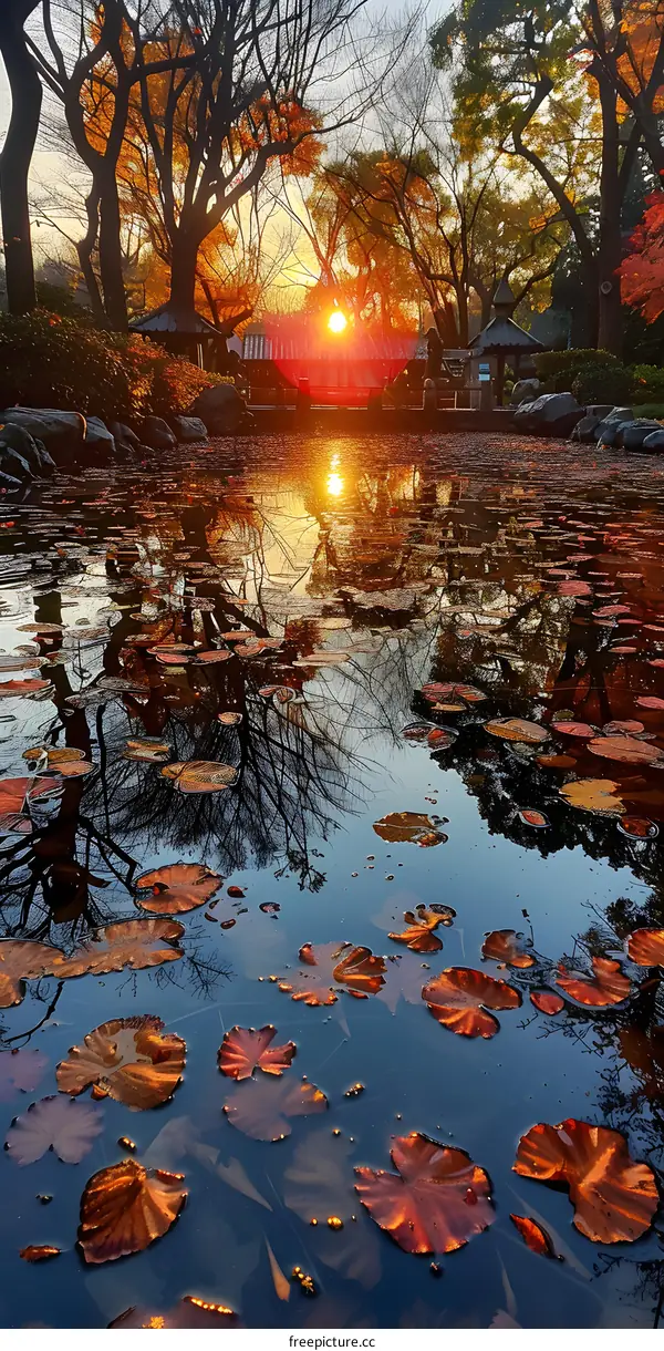 Sunset Reflection in a Pond with Autumn Leaves