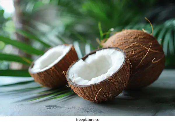 Fresh organic coconuts on a gray table with blurred coconut palm leaves in the background