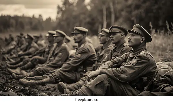 A group of soldiers are sitting on the ground in a forest.