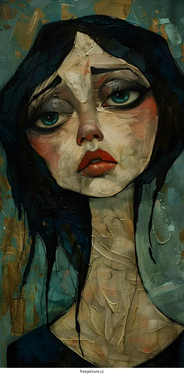 A painting of a sad looking girl with black hair and blue eyes.