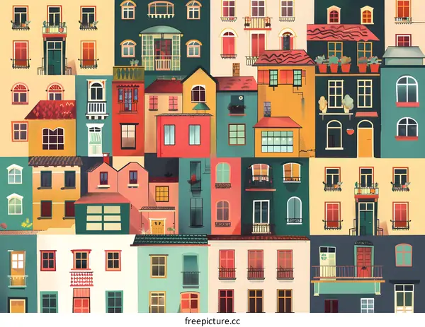 Colorful Illustration of European Town Houses