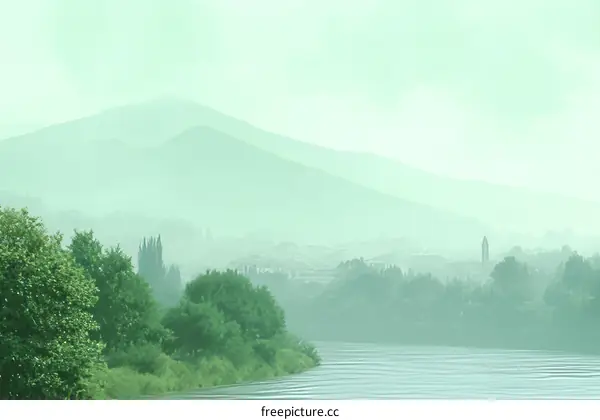Misty Mountain Landscape in Pale Green Tones