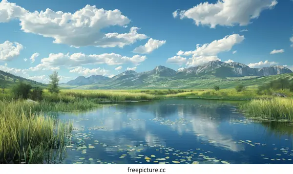 Mountain Lake and Grassland Under the Sun