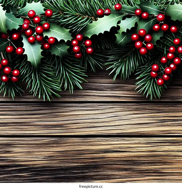 Christmas Festive Wooden Background with Holly and Pine