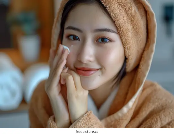 Close-up of a young woman applying moisturizer to her face