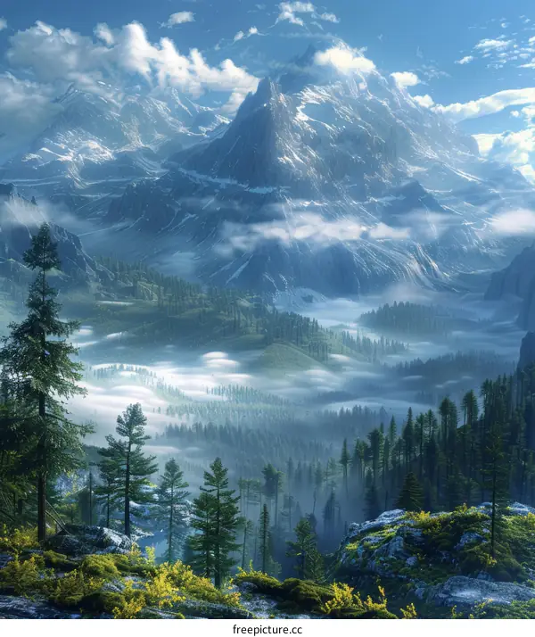 Snow-Covered Mountain Summits and Winter Landscape