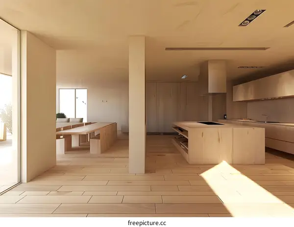 Modern Minimalist Kitchen Interior Design With Wooden Cabinets And Island