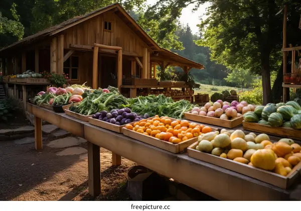 Fresh and organic vegetables and fruits on wooden table at local farmer's market