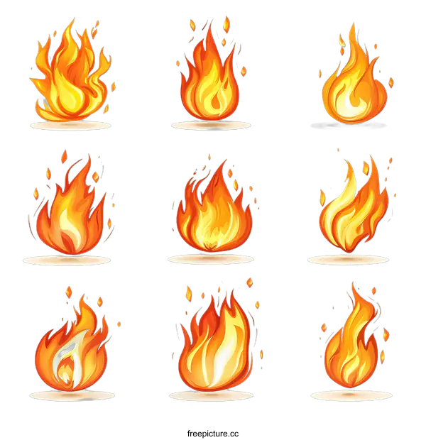 [Transparent Background PNG]Nine Different Orange Flame Illustrations on a transparent background