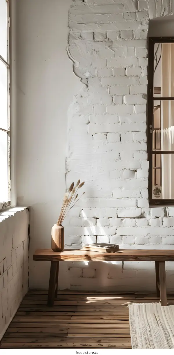 White Brick Wall with Wooden Bench and Dried Flowers