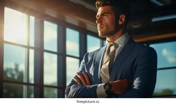 Confident young businessman looking out office window