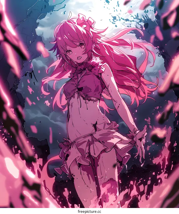 Anime Illustration of Pink Haired Girl with Fire and Ruins