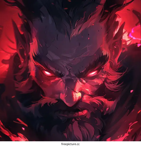 Portrait of a red-bearded man with glowing red eyes