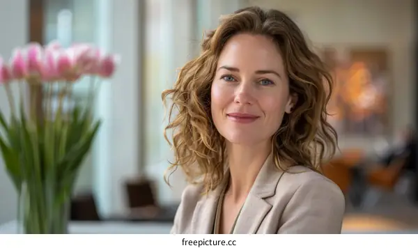 Headshot of a young businesswoman smiling in front of a vase of tulips