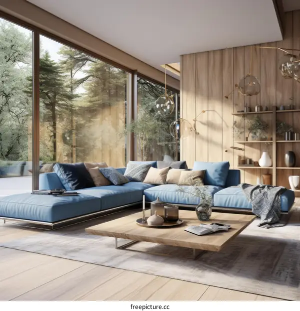 Modern Living Room with Forest View and Blue Sofa