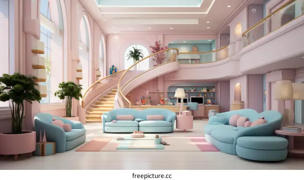 Pink and Blue Living Room with Spiral Staircase