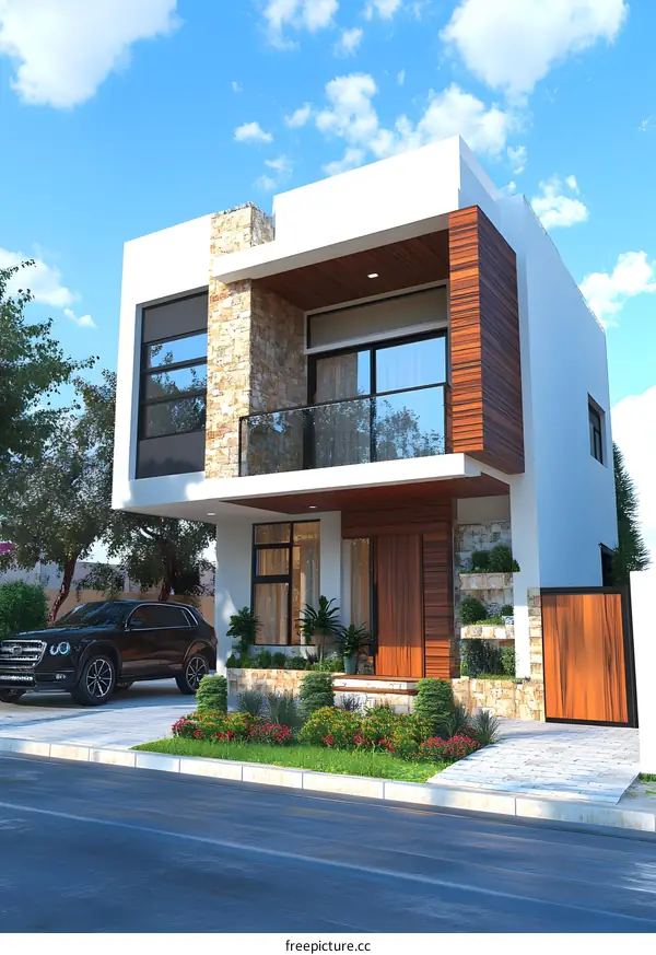 Modern Two Story House Design With Stone And Wood Exterior