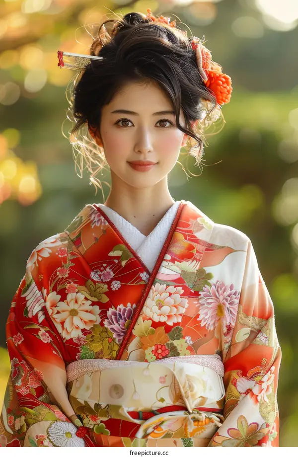 Portrait of a beautiful Japanese woman in traditional kimono