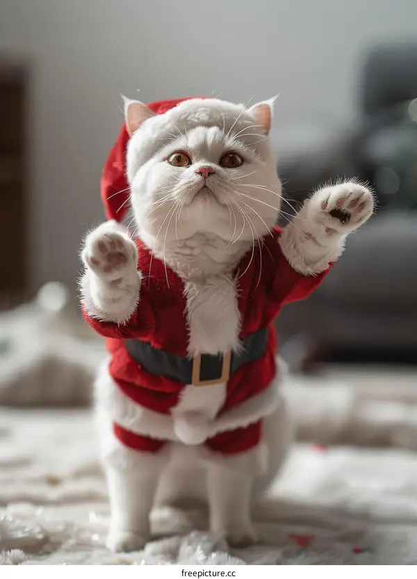 A cute white cat wearing a Santa hat is standing on a white carpet
