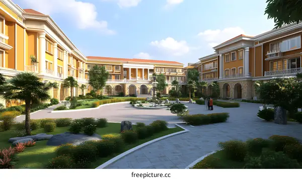 Luxury Resort with Courtyard Fountain and Green Landscaping