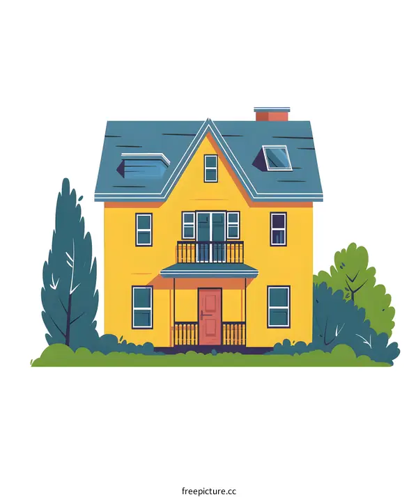 Yellow Two Story House with Blue Roof Illustration