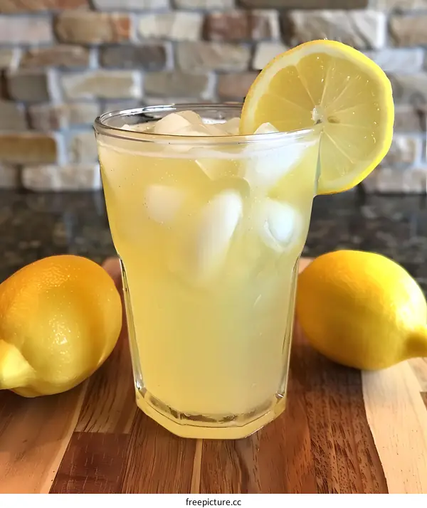 Refreshing Lemonade Drink with Ice and Lemon Slice