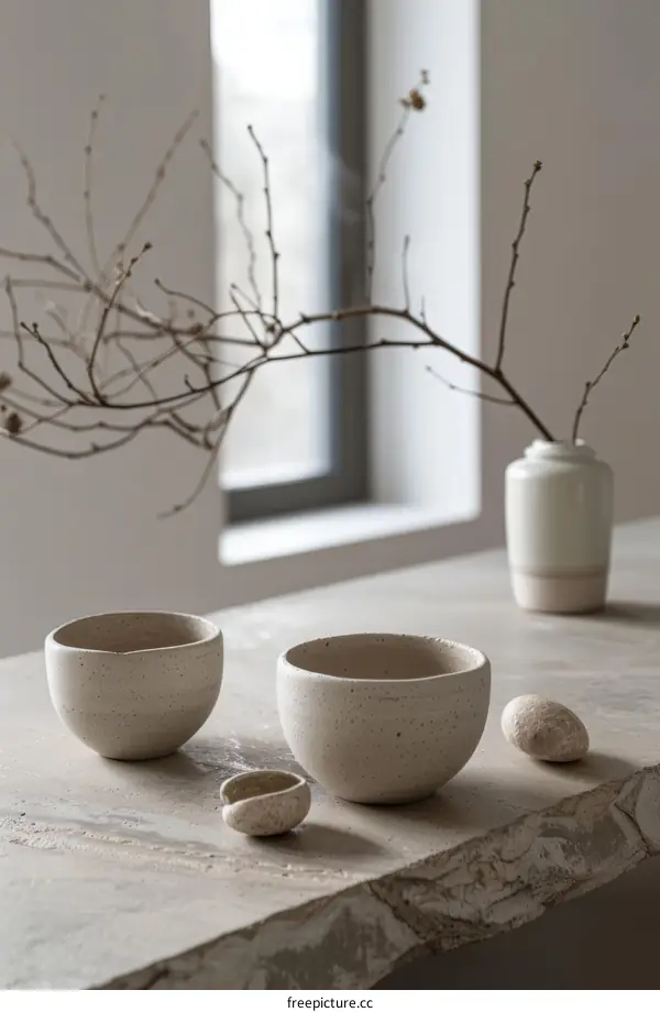 Handmade Ceramic Bowls and Vase on a Table