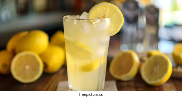Glass of Cold Lemonade with Lemon Slices and Ice