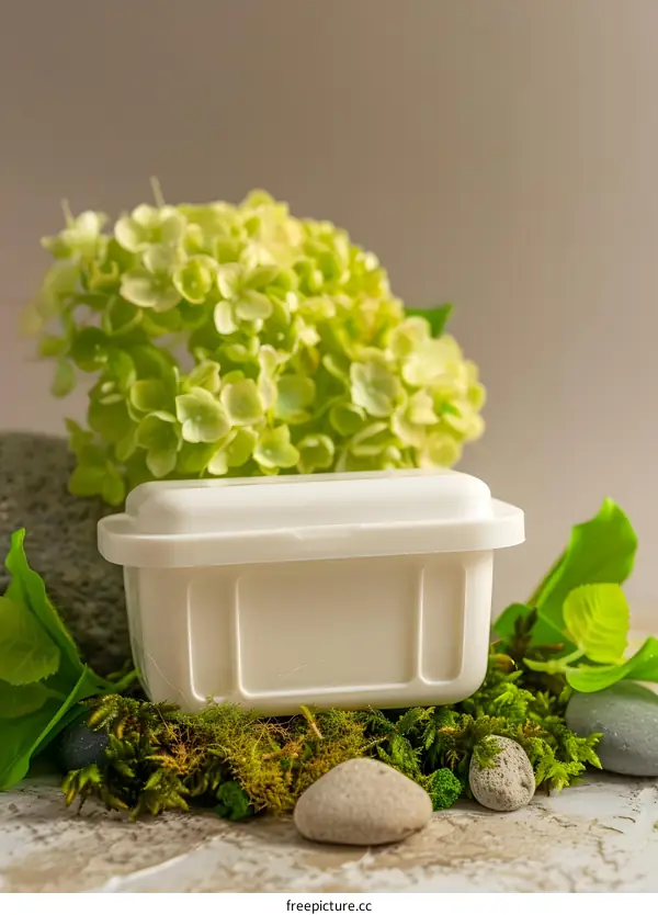 White Container with Green Flowers and Stones
