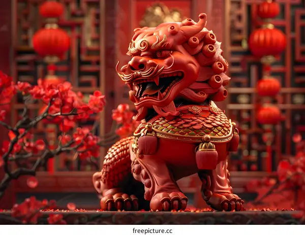 A red lion statue with red lanterns and cherry blossoms