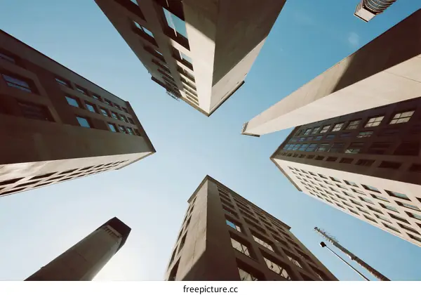 Looking up at modern high-rise buildings under a clear blue sky