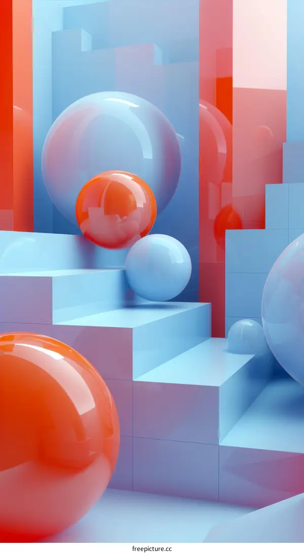 Blue and Red Spheres on Geometric Stepped Platform