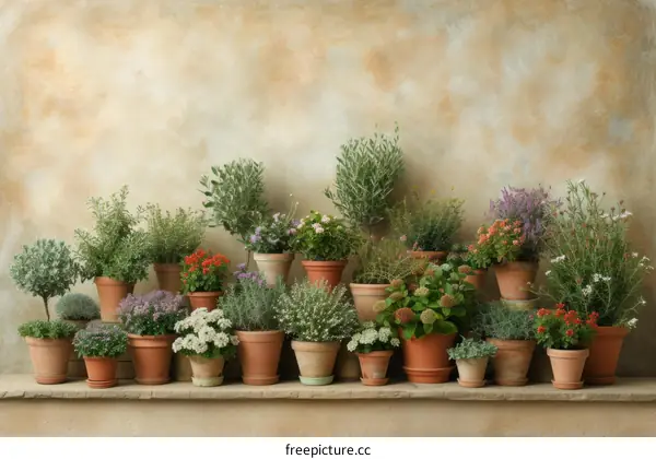An Assortment of Potted Herbs and Flowers