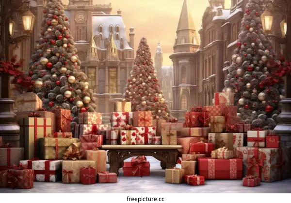 Christmas street with decorated trees and gifts